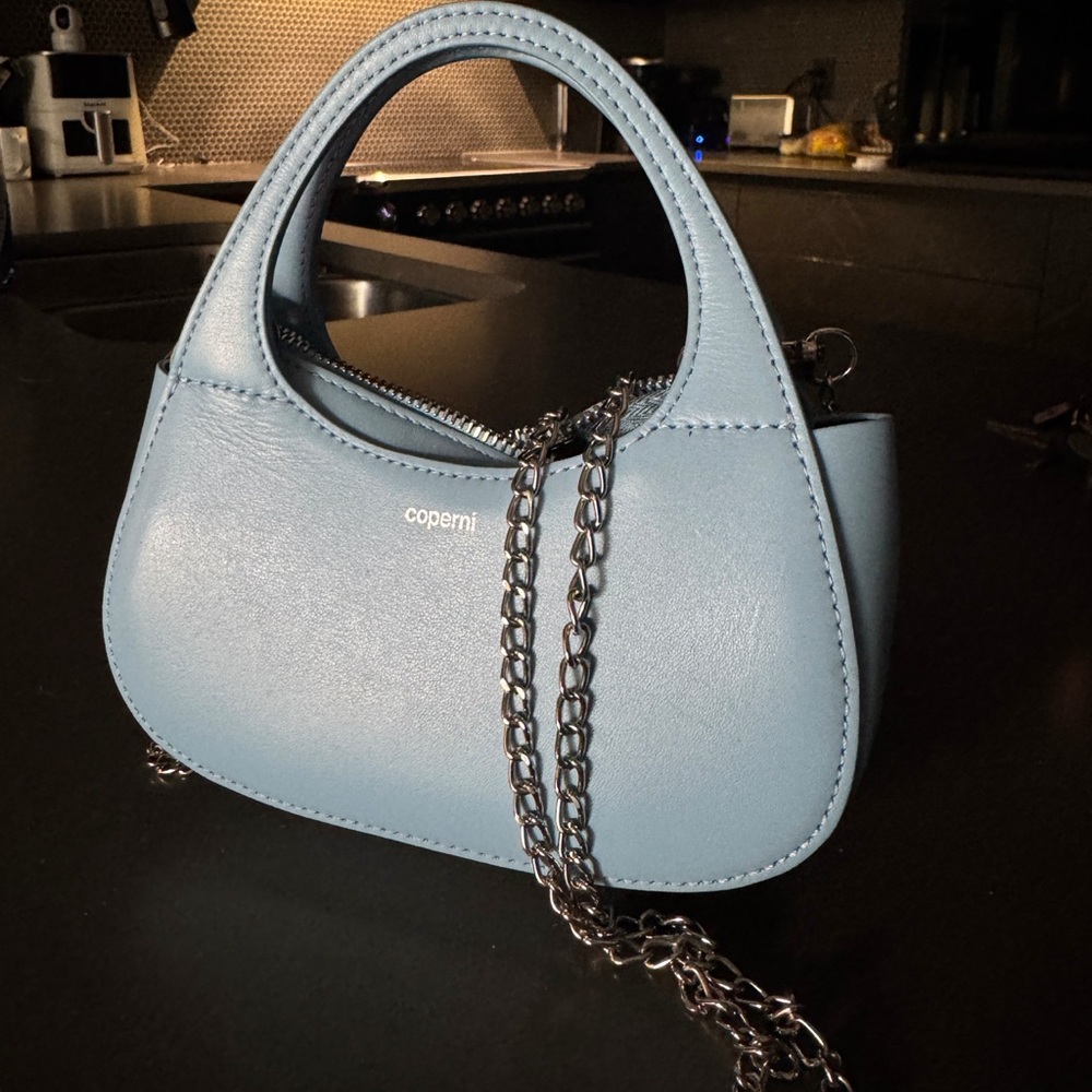 Coperni Light Blue - Micro Baguette Swipe Bag with Silver Chain